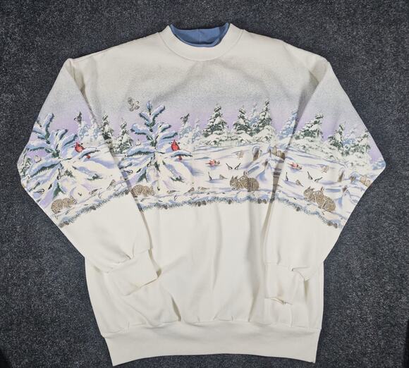 Artisans Sweaters - Vintage Artisans Sweatshirt Large XL White Fleece Winter Scene Birds Rabbits